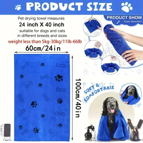 Haustierhandtuch 60 x 100 cm, trocknendes Badetuch für Hunde und Katzen, Mikrofaser, schnell trocknend, Hundeklaue, saugfähig, blau, grau, Badetuch, Haustier-Badeprodukte - Image 2