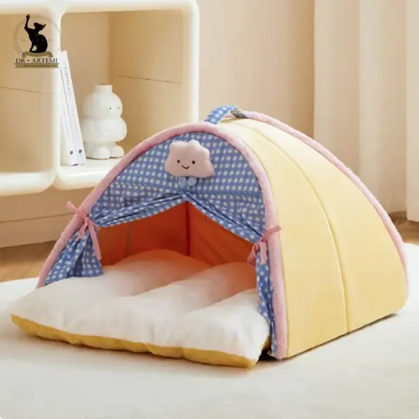 Luxuriöse halb geschlossene Katzen-Hundezwinger-Bett, Tipi-Zelt-Matratze, niedliche dekorative PP-Baumwoll füllung, warm atmungsaktiv, die ganze Saison - Image 2