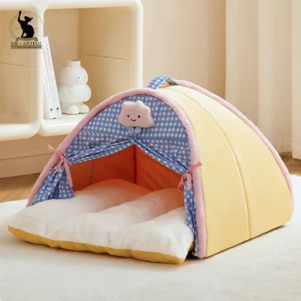 Luxurious Semi-Enclosed Cat Dog Kennel Bed, Teepee Tent Mattress, Cute Decorative PP Cotton Filling, Warm Breathable, All Season - Image 2