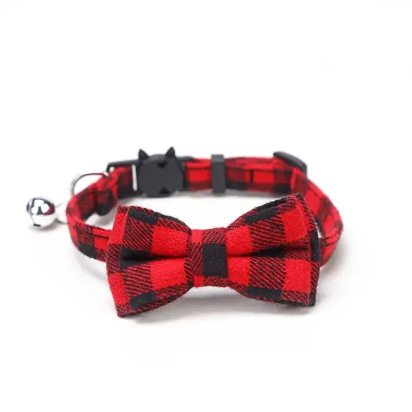 Haustier Breakaway Katzenhalsband Fliege und Glocke Niedliches kariertes Weihnachtsrotes elastisches verstellbares Hundehalsband mit Schärpe Kleine Glocke für Katzen - Image 4