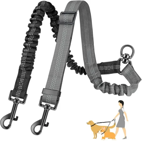 16 Fuß lange Doppel-Hundeleinenbefestigung – Doppelleinen für das Training kleiner bis großer Hunde – verstellbarer Riemen, stoßdämpfendes Bungee - Image 8