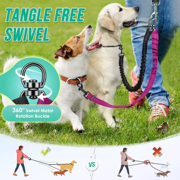 16 Fuß lange Doppel-Hundeleinenbefestigung – Doppelleinen für das Training kleiner bis großer Hunde – verstellbarer Riemen, stoßdämpfendes Bungee - Image 3