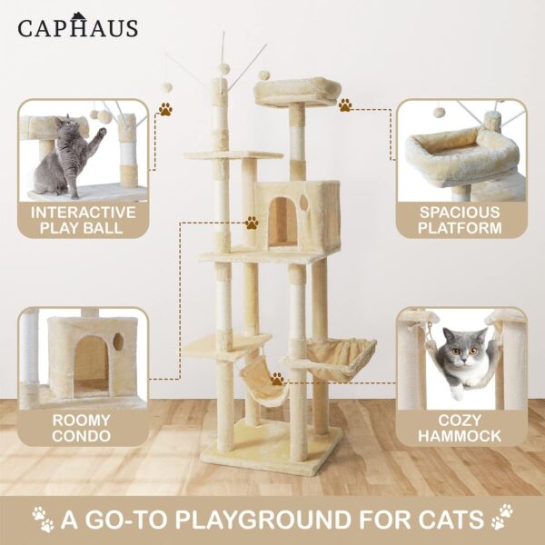 CAPHAUS Tall Cat Tree for Indoor Cats, Modern Cute 70-Inch Climbing Play Tower with Top Perch for Large Kittens, Multi-Level Cat Activity Tree w Scratching Posts, Hammock, Cat Cave Condo - Image 19