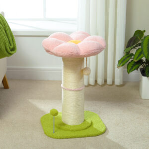 23.6'' Flower Cat Scratching Post for Indoor Small Cat Tree, Cat Scratcher for Cats with Super Thick Scratching Post -Dia5.5'', Removable Flower Cat Bed, Natural Sisal Rope, Cat Scratch Post with Spring Ball, Pink