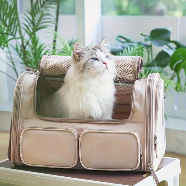 Cat Carrier, 4 Mesh Windows Small Dog Carrier, 4 Storage Pockets Cat Travel Bag, Under 44 lb Airline Approved Pet Carrier, Rollable Cover for Nervous Cats, Pink - Image 3