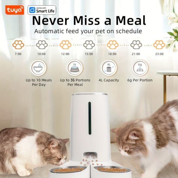 4L High-Capacity Tuya Smart Automatic Pet Feeder - WiFi Remote Control, Up to 10 Meals per Day, 36 Portions per Meal, Timely and Accurate Feeding - Suitable for 0.16-0.47 inch Diameter Dry Food, Single and Double Bowls Options, Perfect for Cats and Dogs - Image 10