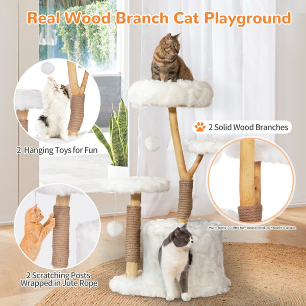 Modern Cat Tree Tower, Solid Wood Aesthetic Cat Tree for Indoor Cats with Top Cat Bed, Side Perch, Cat Condo, Scratching Posts, Cute Cloud Cat Tree for Large Cats, White - Image 10