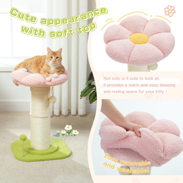 23.6'' Flower Cat Scratching Post for Indoor Small Cat Tree, Cat Scratcher for Cats with Super Thick Scratching Post -Dia5.5'', Removable Flower Cat Bed, Natural Sisal Rope, Cat Scratch Post with Spring Ball, Pink - Image 5