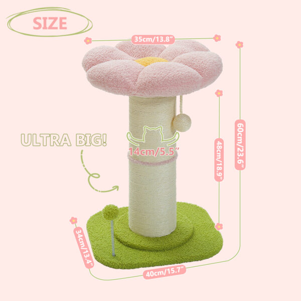 23.6'' Flower Cat Scratching Post for Indoor Small Cat Tree, Cat Scratcher for Cats with Super Thick Scratching Post -Dia5.5'', Removable Flower Cat Bed, Natural Sisal Rope, Cat Scratch Post with Spring Ball, Pink - Image 7