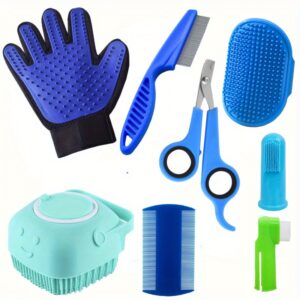 [8-Piece Pet Grooming Kit Uncharged] 8-Piece Pet Grooming Kit for Dogs - PP Material, Uncharged, Battery-Free - Includes Shampoo Brush, Flea Comb, Nail Clippers, Toothbrush, and More