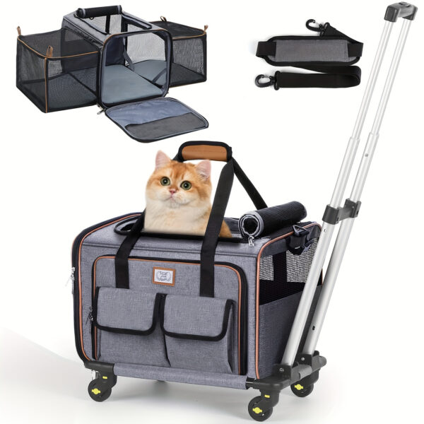 Airline Approved Cat Dog Carrier with Wheels Expandable Rolling Pet Carrier for Medium Dogs and Cats Under 15 25LBS, Pet Travel Carrier on Wheels, Grey - Image 3
