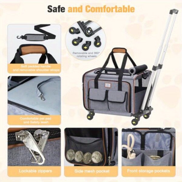 Airline Approved Cat Dog Carrier with Wheels Expandable Rolling Pet Carrier for Medium Dogs and Cats Under 15 25LBS, Pet Travel Carrier on Wheels, Grey - Image 5