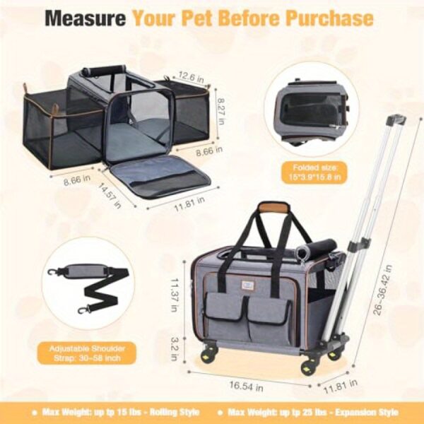 Airline Approved Cat Dog Carrier with Wheels Expandable Rolling Pet Carrier for Medium Dogs and Cats Under 15 25LBS, Pet Travel Carrier on Wheels, Grey - Image 8