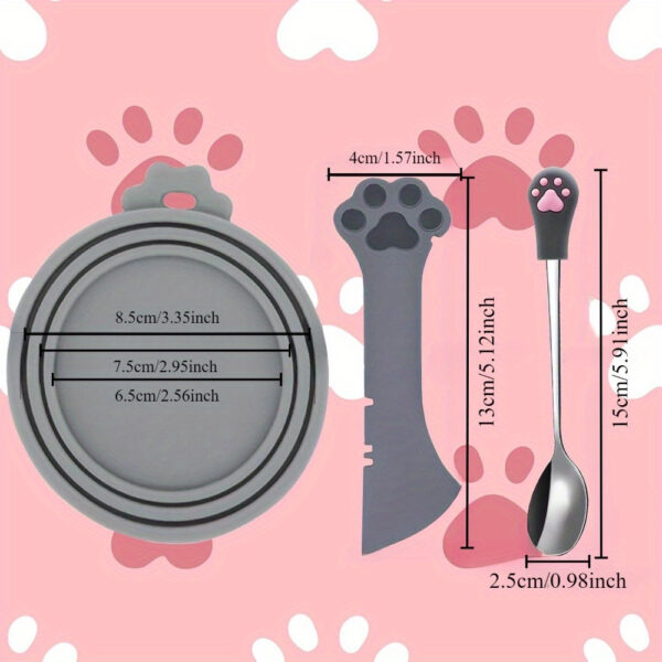 Cat Food Jar Spoon Storage 4 Pcs Lightweight Multifunctional Mini Scraper Pet Can Opener High Sealing Universal Silicone Pet Food Jar Lid Stainless Steel Wet Food Spoon for Cats and Dogs (Gray) - Image 2