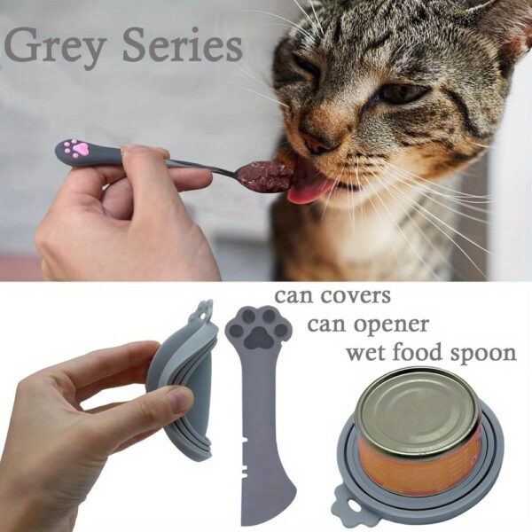 Cat Food Jar Spoon Storage 4 Pcs Lightweight Multifunctional Mini Scraper Pet Can Opener High Sealing Universal Silicone Pet Food Jar Lid Stainless Steel Wet Food Spoon for Cats and Dogs (Gray) - Image 4