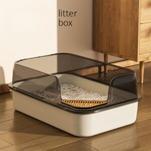 Extra Large Open Cat Litter Box with Scoop, High Sided Splash Guard Semi-Enclosed with Non-Slip Step, Durable Plastic Rectangular Kitty Litter Pan