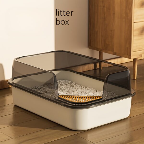 Extra Large Open Cat Litter Box with Scoop, High Sided Splash Guard Semi-Enclosed with Non-Slip Step, Durable Plastic Rectangular Kitty Litter Pan