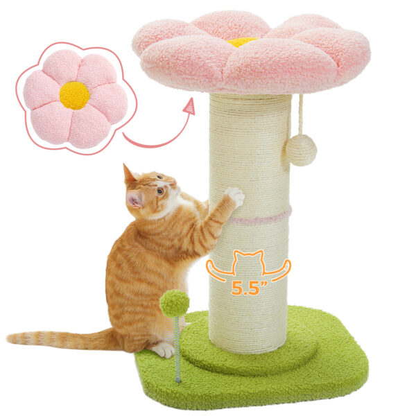 23.6'' Flower Cat Scratching Post for Indoor Small Cat Tree, Cat Scratcher for Cats with Super Thick Scratching Post -Dia5.5'', Removable Flower Cat Bed, Natural Sisal Rope, Cat Scratch Post with Spring Ball, Pink - Image 10