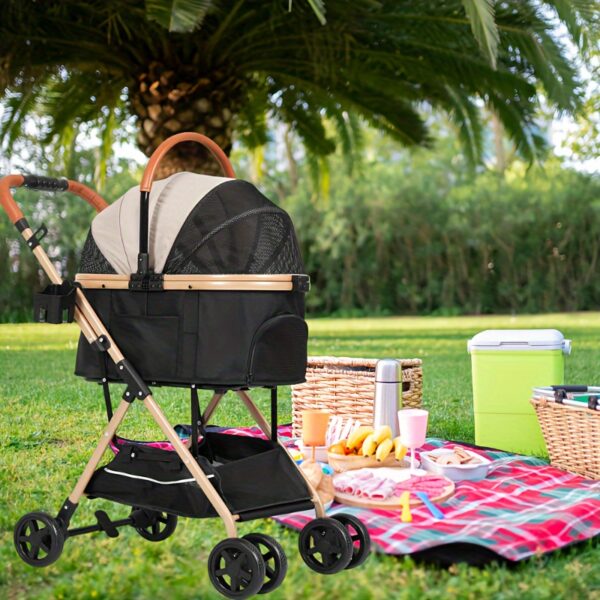 Dog Stroller 3-in-1 Foldable Gear For Small Medium Dogs, 4 Wheels Pet Stroller With Sturdy Metal Frame Storage Basket, Dog Carrier Trolley With Mesh Window One-Button Switch, Lightweight Travel System Christmas Halloween Pet Gift - Image 5