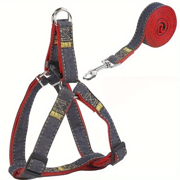 [Small to Large Adjustable Harness] Denim Dog Harness and Leash Set - Adjustable, Comfort Fit for Small to Large Breeds - Durable Polyester Material, Pulling Rope, Teddy - Image 6
