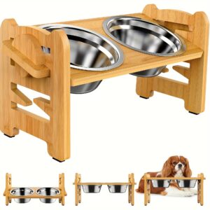 [2-Bowl Elevated Adjustable Dog Feeder] Elevated Adjustable Height Wooden Dog Feeder Stand with 2 Stainless Steel Bowls, Raised Dog Food And Water Bowls Stand for Neck Protection