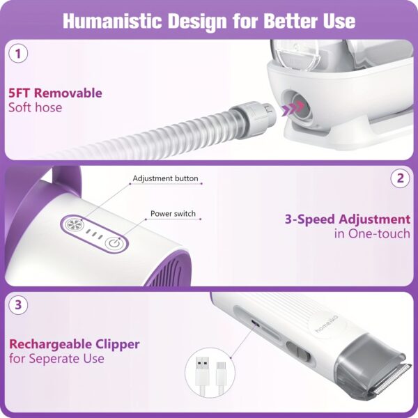 Homeika Pet Grooming Kit, Handheld Vacuum 101.44oz Dog Hair Vacuum Suction 99% Pet Hair, 7 Pet Grooming Tools, Storage Bag, 5 Nozzles, Quiet Pet Vacuum Groomer with Massage Nozzle for Shedding Dogs Cats Purple - Image 5