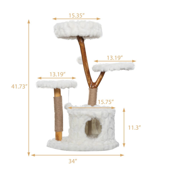 Modern Cat Tree Tower, Solid Wood Aesthetic Cat Tree for Indoor Cats with Top Cat Bed, Side Perch, Cat Condo, Scratching Posts, Cute Cloud Cat Tree for Large Cats, White - Image 4