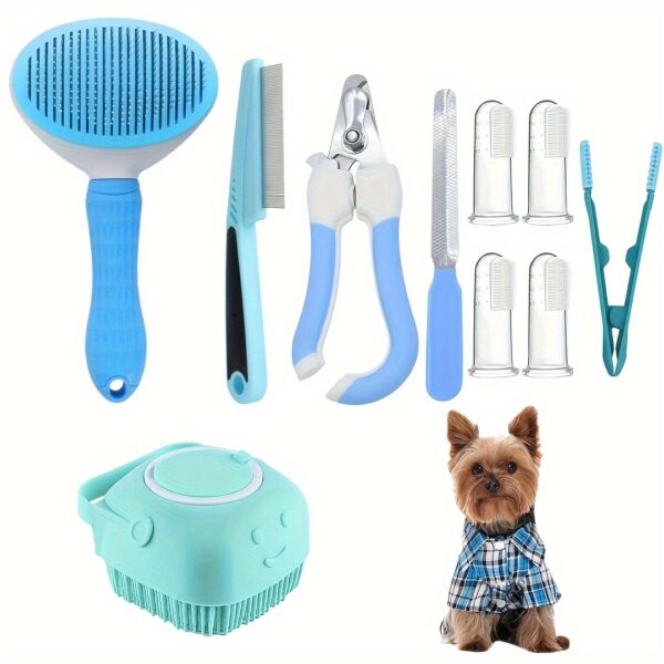 10-Piece Complete Pet Grooming Kit for Dogs and Cats - Includes Self-Cleaning Slicker Brush, Nail Clippers, File, Eye Comb, Flea Comb, Silicone Toothbrush, Shampoo Massage Brush and Stainless Steel Tools - Image 5