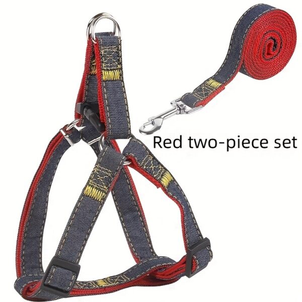 [Small to Large Adjustable Harness] Denim Dog Harness and Leash Set - Adjustable, Comfort Fit for Small to Large Breeds - Durable Polyester Material, Pulling Rope, Teddy - Image 3