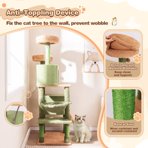 Costway 63" Cactus Cat Tree for Indoor Cats, Multi-level Cat Tower w/ Sisal Scratching Posts & Ladder, Double Condos & Padded Perches, Hanging Toys, Basket Bed, Modern Large Kitty Activity Center - Image 5