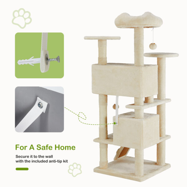Tall Tower for Indoor Cats - 54-inch Multi-Level Cat Tree, Pet Kitty Play Fun House with Spacious Condo, Natural Sisal Scratching Post, Easy Climbing Ladder, and Dangling Toy for Kittens and Cats - Image 8