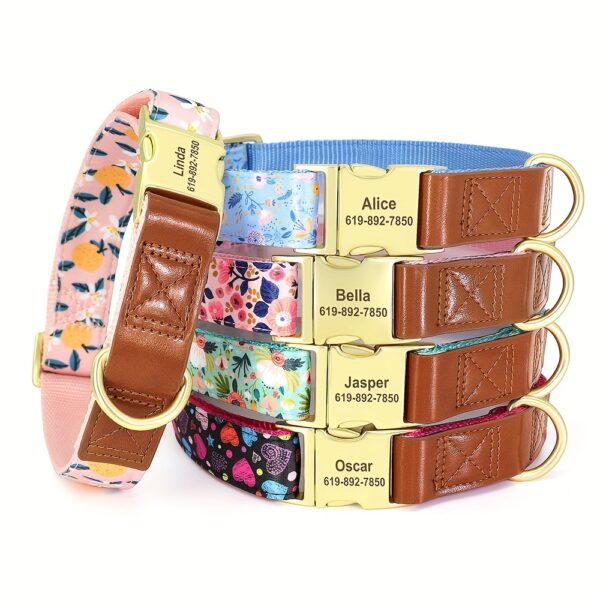 Customizable Floral Print Dog Collar, Durable Nylon Webbing with Padding, Personalized Golden Buckle, Accent for Small to Large Breeds - Image 3