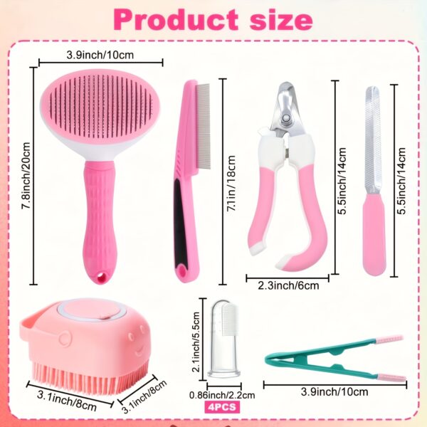 10-Piece Complete Pet Grooming Kit for Dogs and Cats - Includes Self-Cleaning Slicker Brush, Nail Clippers, File, Eye Comb, Flea Comb, Silicone Toothbrush, Shampoo Massage Brush and Stainless Steel Tools - Image 4
