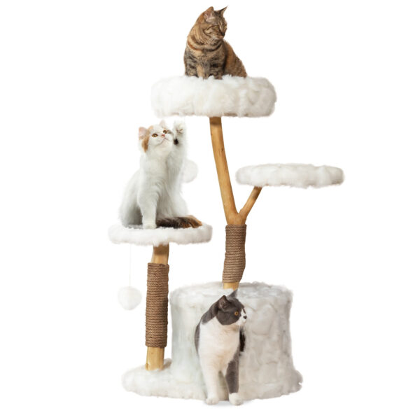 Modern Cat Tree Tower, Solid Wood Aesthetic Cat Tree for Indoor Cats with Top Cat Bed, Side Perch, Cat Condo, Scratching Posts, Cute Cloud Cat Tree for Large Cats, White - Image 3