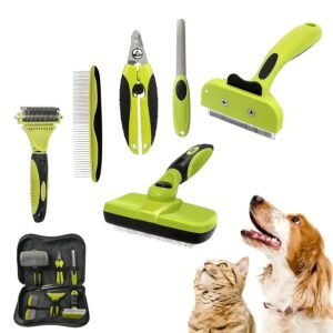 6 in 1 Pet Grooming Kit - Dog & Cat Deshedding Brush, Comb, Nail Clippers, Dematting Tool with Storage Bag - Durable Flea Combs Set for All Pets - Professional Groomer Quality
