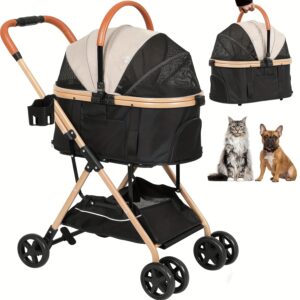 Dog Stroller 3-in-1 Foldable Gear For Small Medium Dogs, 4 Wheels Pet Stroller With Sturdy Metal Frame Storage Basket, Dog Carrier Trolley With Mesh Window One-Button Switch, Lightweight Travel System Christmas Halloween Pet Gift
