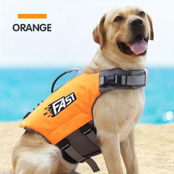 High-Visibility Orange Dog Life Jacket with Gray Accents - Durable Polyester, Adjustable Safety Swim Vest for All Dog Sizes with Easy-Wear Straps & Large "FAST" Print - Perfect for Summer Beach & Pool Activities, Beach Safety Gear|Adjustable Dog Jacket|Du - Image 3