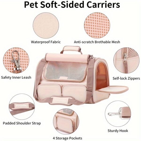 Cat Carrier, 4 Mesh Windows Small Dog Carrier, 4 Storage Pockets Cat Travel Bag, Under 44 lb Airline Approved Pet Carrier, Rollable Cover for Nervous Cats, Pink - Image 7