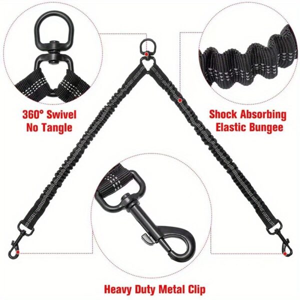 Two Dog 360 Swivel No Tangle Double Shock Absorbing Reflective Bungee Training Leashes, Double Dog Leashes for Walking - Image 21