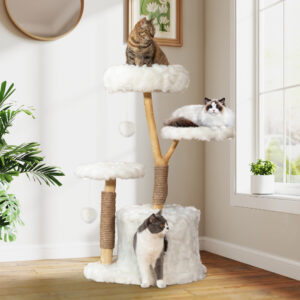 Modern Cat Tree Tower, Solid Wood Aesthetic Cat Tree for Indoor Cats with Top Cat Bed, Side Perch, Cat Condo, Scratching Posts, Cute Cloud Cat Tree for Large Cats, White