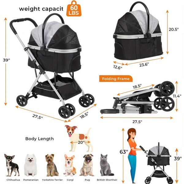 Dog Stroller 3-in-1 Foldable Gear For Small Medium Dogs, 4 Wheels Pet Stroller With Sturdy Metal Frame Storage Basket, Dog Carrier Trolley With Mesh Window One-Button Switch, Lightweight Travel System Christmas Halloween Pet Gift - Image 4