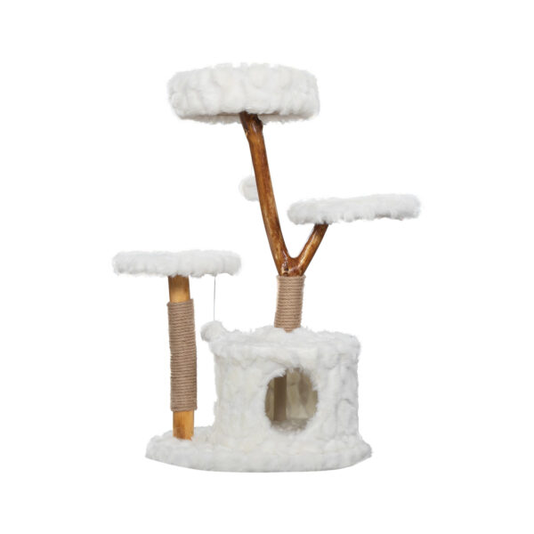 Modern Cat Tree Tower, Solid Wood Aesthetic Cat Tree for Indoor Cats with Top Cat Bed, Side Perch, Cat Condo, Scratching Posts, Cute Cloud Cat Tree for Large Cats, White - Image 2