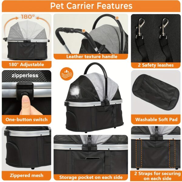 Dog Stroller 3-in-1 Foldable Gear For Small Medium Dogs, 4 Wheels Pet Stroller With Sturdy Metal Frame Storage Basket, Dog Carrier Trolley With Mesh Window One-Button Switch, Lightweight Travel System Christmas Halloween Pet Gift - Image 10