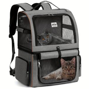 Lekereise Double Cat Backpack Carrier For 2 Cats, Double-Compartment Pet Carrier Backpack For Two Small Cats Or One Medium Dogs, Dog Carrier Backpack Fits Up To 24 Lbs, Grey