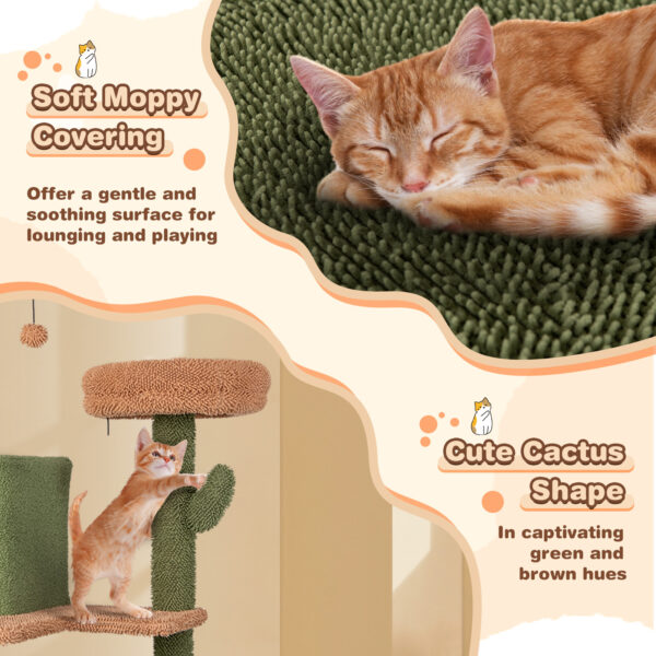 Costway 63" Cactus Cat Tree for Indoor Cats, Multi-level Cat Tower w/ Sisal Scratching Posts & Ladder, Double Condos & Padded Perches, Hanging Toys, Basket Bed, Modern Large Kitty Activity Center - Image 6