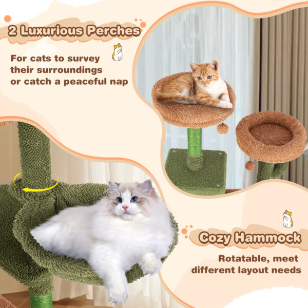 Costway 63" Cactus Cat Tree for Indoor Cats, Multi-level Cat Tower w/ Sisal Scratching Posts & Ladder, Double Condos & Padded Perches, Hanging Toys, Basket Bed, Modern Large Kitty Activity Center - Image 3