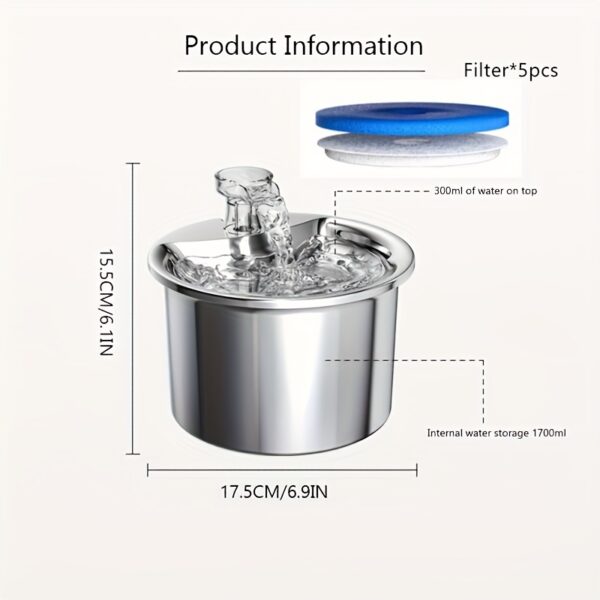 Stainless Steel Pet Fountain - Effortless Automatic Dispenser for Cats and Dogs (2L) - Health-Boosting, Whisper-Quiet, Filtered Water for Fresh Hydration - Perfect for Your Furry Friends - Image 7