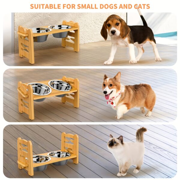 [2-Bowl Elevated Adjustable Dog Feeder] Elevated Adjustable Height Wooden Dog Feeder Stand with 2 Stainless Steel Bowls, Raised Dog Food And Water Bowls Stand for Neck Protection - Image 4