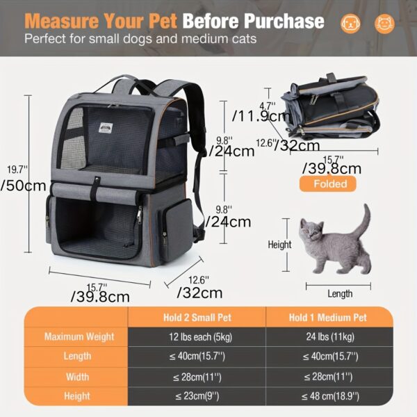 Lekereise Double Cat Backpack Carrier For 2 Cats, Double-Compartment Pet Carrier Backpack For Two Small Cats Or One Medium Dogs, Dog Carrier Backpack Fits Up To 24 Lbs, Grey - Image 4