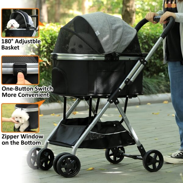 Dog Stroller 3-in-1 Foldable Gear For Small Medium Dogs, 4 Wheels Pet Stroller With Sturdy Metal Frame Storage Basket, Dog Carrier Trolley With Mesh Window One-Button Switch, Lightweight Travel System Christmas Halloween Pet Gift - Image 7